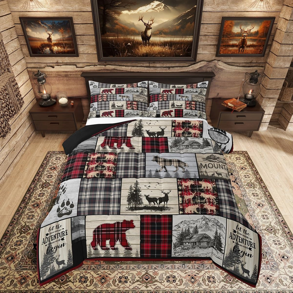 Rustic Cabin Comforter Set Full Woodland Wolf Deer Bear Comforter For Kids Adults,Red Black Buffalo Plaid Bedding Set Wildlife Camping Lodge Mountain Quilt Bedding Southwestern Farmhouse Decor