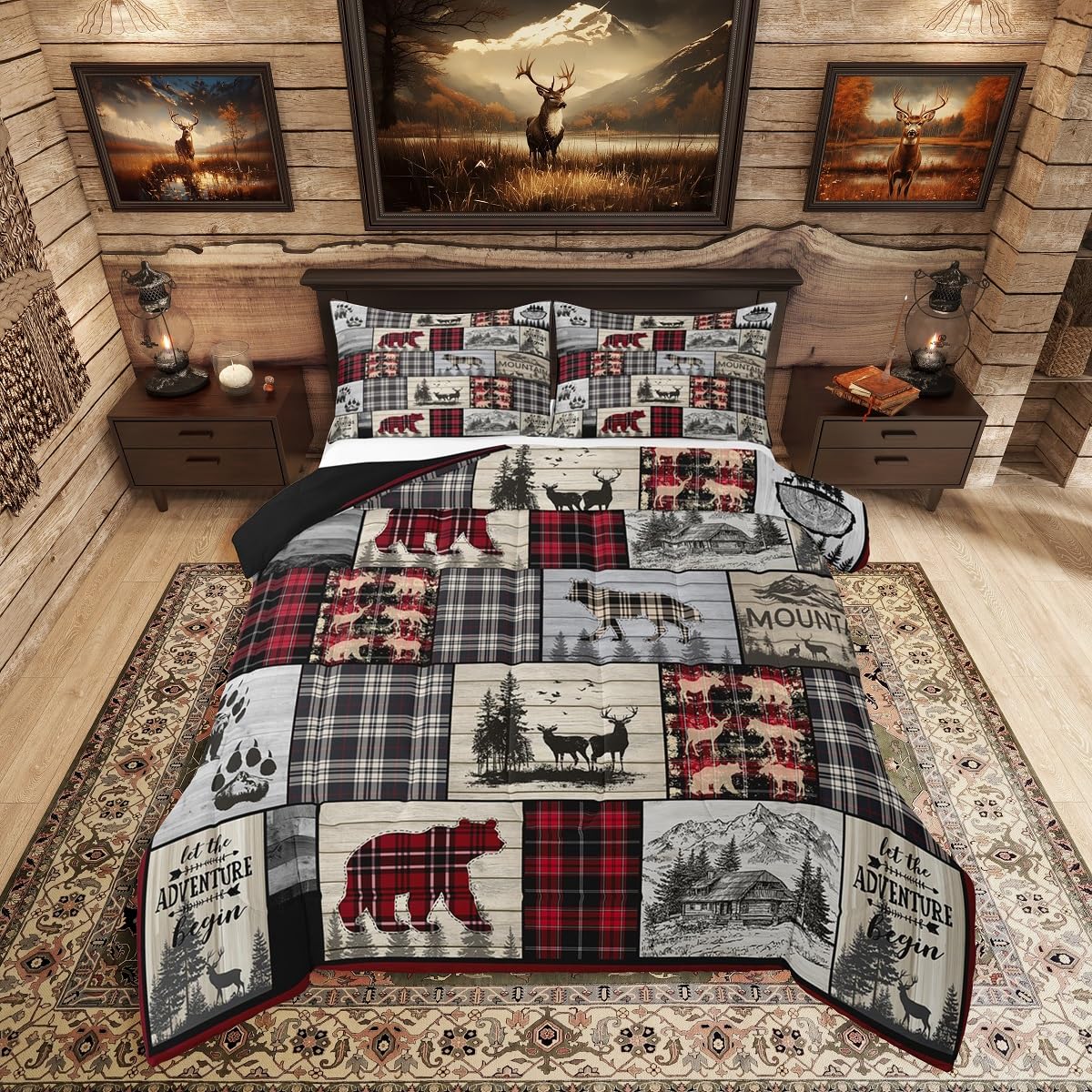 Rustic Cabin Comforter Set Full Woodland Wolf Deer Bear Comforter For Kids Adults,Red Black Buffalo Plaid Bedding Set Wildlife Camping Lodge Mountain Quilt Bedding Southwestern Farmhouse Decor