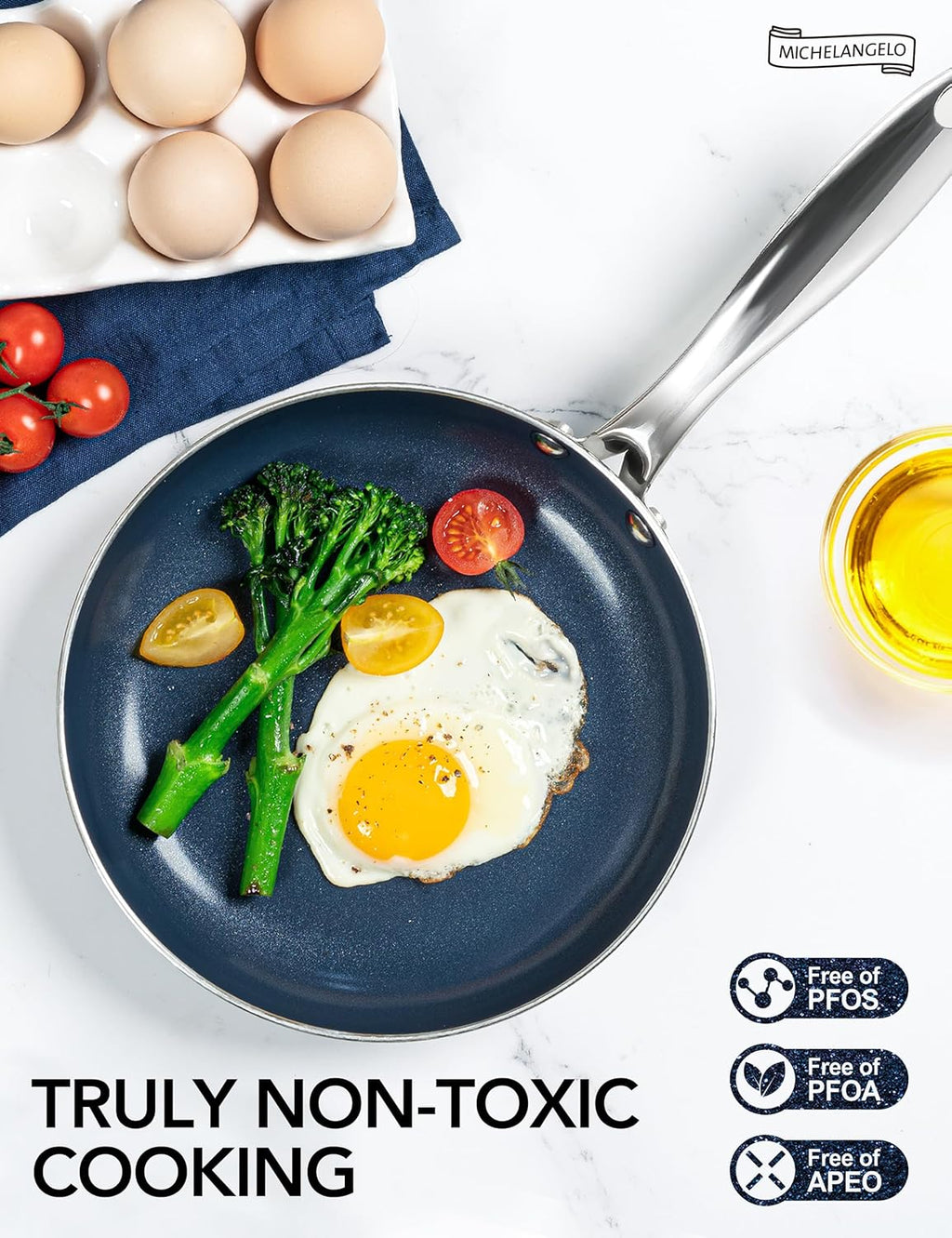 MICHELANGELO 8-Inch Nonstick Frying Pan - Non-Toxic Omelette Pan with Lid & Stainless Handle | Blue-Ceramic