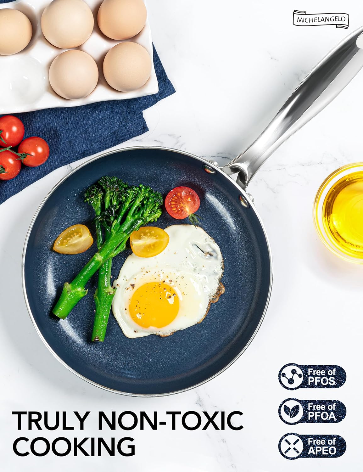 MICHELANGELO 8-Inch Nonstick Frying Pan - Non-Toxic Omelette Pan with Lid & Stainless Handle | Blue-Ceramic