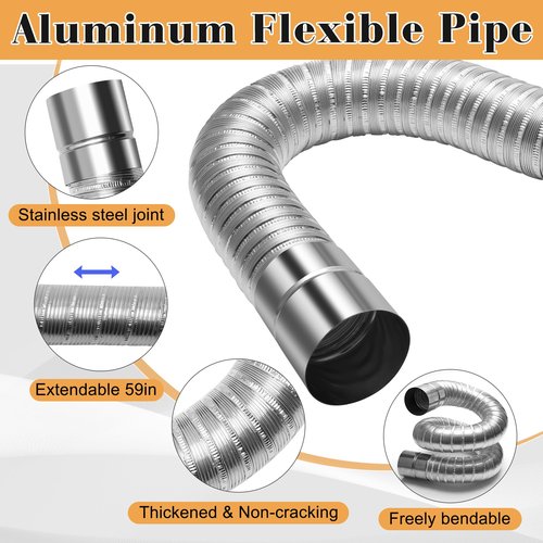 ZhaoYao Pellet Stove Pipe Kit, 2" x 59" Aluminum Flex Vent Pipe for Fresh Air Intake with External Breathable Weatherboard, Screw Hose Clamps and Expansion Screw Set
