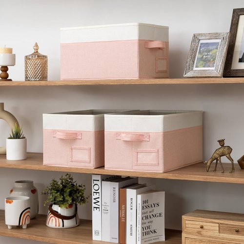 Granny Says Storage Baskets - Medium Fabric Organizing Bins | Pink & Ivory, 3-Pack for Closet & Shelf