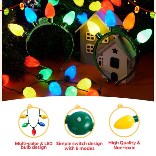 JOYIN 6 Pcs Christmas Light Up Headband and Necklace with 6 Flashing Modes, LED Christmas Bulb Lights Necklace Headband for Kids Women Men Xmas Party Supplies Accessories