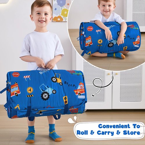 DJY Toddler Nap Mat Blue Car Slumber Bag,Kid Sleeping Mat with Removable Pillow & Minky Blanket,Perfect for Daycare,Preschool,Kindergarten,Travel