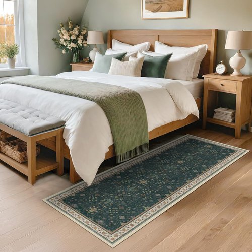 Hazo Haus Dark Green Kitchen Rug - Modern Vintage Boho Floral Design, Washable Non-Slip Runner, 2x6 ft