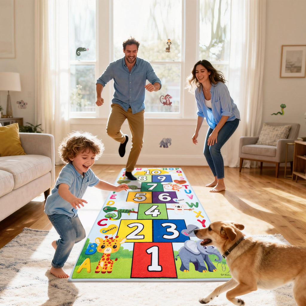 OVALLEY Hopscotch Rug for Kids, Soft & Fun Zoo Animals Hopscotch Play Mat, ABC Classroom Learning Mat, Small Kids Rug for Playroom, Non-Slip Educational Carpet for Kids Room or Classroom