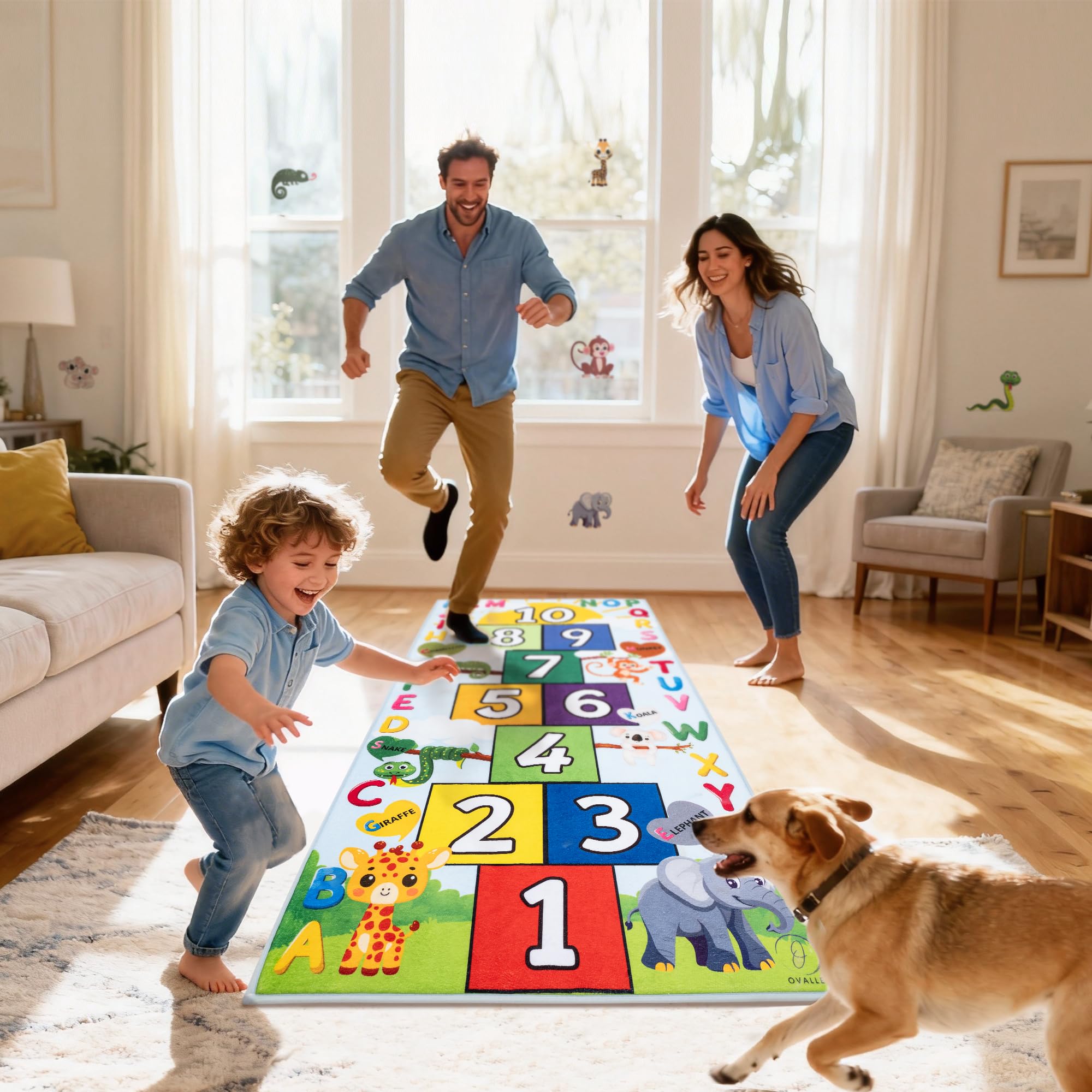 OVALLEY Hopscotch Rug for Kids, Soft & Fun Zoo Animals Hopscotch Play Mat, ABC Classroom Learning Mat, Small Kids Rug for Playroom, Non-Slip Educational Carpet for Kids Room or Classroom