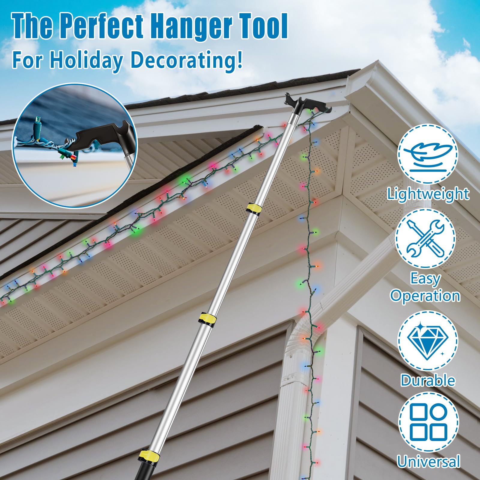 UQM 12 Ft Telescopic Extension Pole with Utility Hook, Telescoping Pole for Hanging Christmas Lights String Lights Birdfeeder, Heavy-Duty Christmas Light Pole Hanger Tool Tree Without Ladder