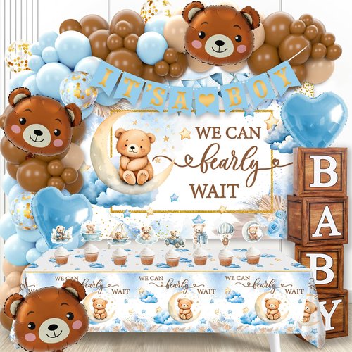 We Can Bearly Wait Baby Shower Decorations -Teddy Bear Boho Balloons Banner Boxes Cupcake Topper, We Can Bearly Wait Sign Backdrop Tablecloth, Boy Baby Shower Decorations Gender Reveal Party Decor