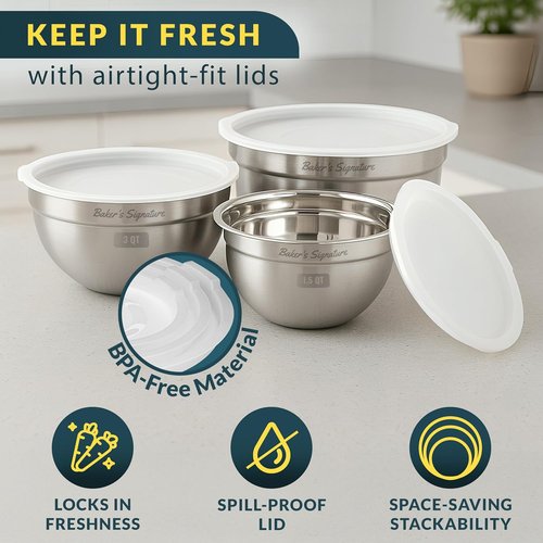 Baker's Signature Stainless Steel Mixing Bowls - Set of 3 Nesting Bowls with Lids | Dishwasher Safe, Silver, 1.5/3/5 Qt