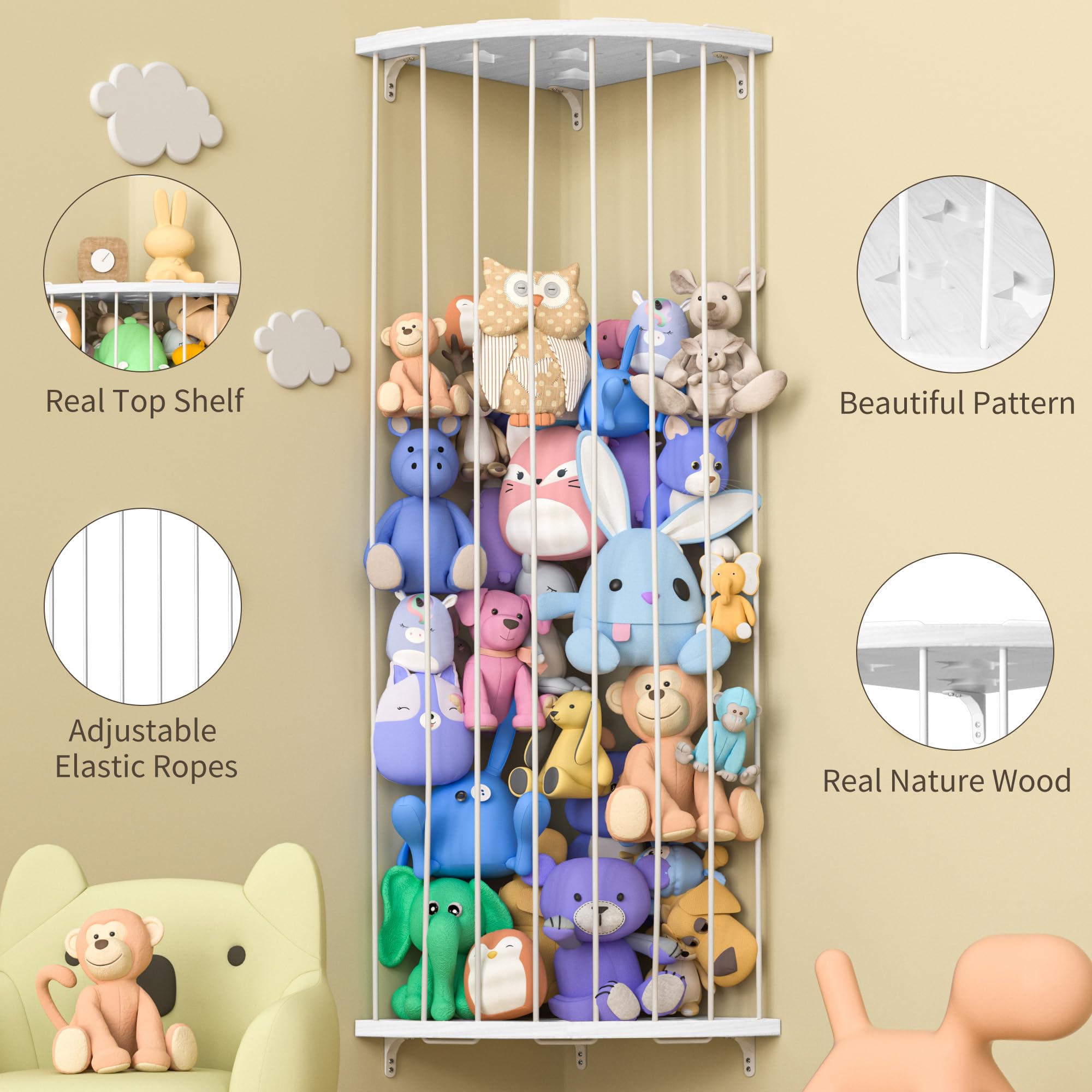 Stuffed Animal Storage Wood Corner Plush Toys Holder with Star Pattern, Length Adjustable Large Hanging Stuffed Animal Toy Organizer Shelf for Nursery Play Room Bedroom Kids Room Furniture
