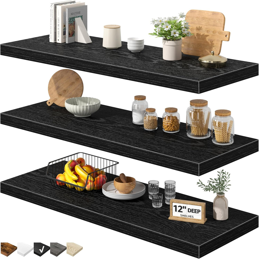 QEEIG 12" Deep Floating Shelves - Set of 3 Black Wall-Mounted Bookshelves for Bathroom, Bedroom & Kitchen