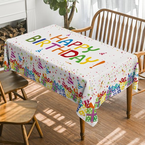 Horaldaily Birthday Tablecloth 60x120 Inch Rectangular, Happy Birthday Ballon White Washable Seasonal Table Cover for Party Picnic Dinner Decor