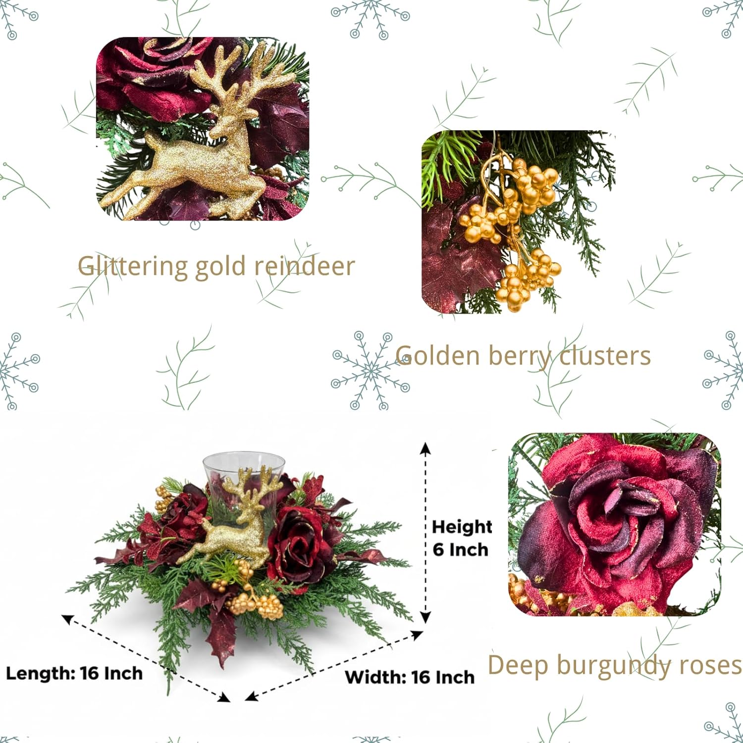Svndlyn Christmas Glass Candle Holder - Glittery Rose & Deer Figurine Decor | Holiday Centerpiece