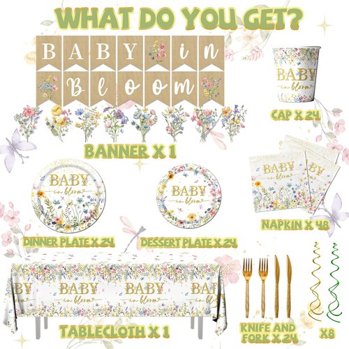 178Pcs Baby in Bloom Baby Shower Decorations-Wildflower Paper Plates and Napkins Kit Girls Floral Baby Shower Dinnerware Serves 24