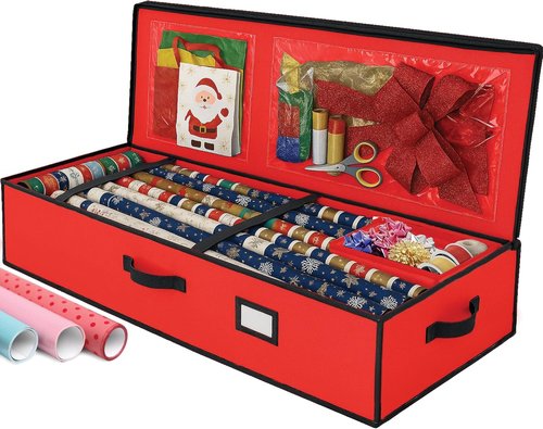 Christmas Wrapping Paper Organizer by [Brand Name] - Heavy-Duty Storage Box for Up to 24 Rolls | Red with Straps and Pockets