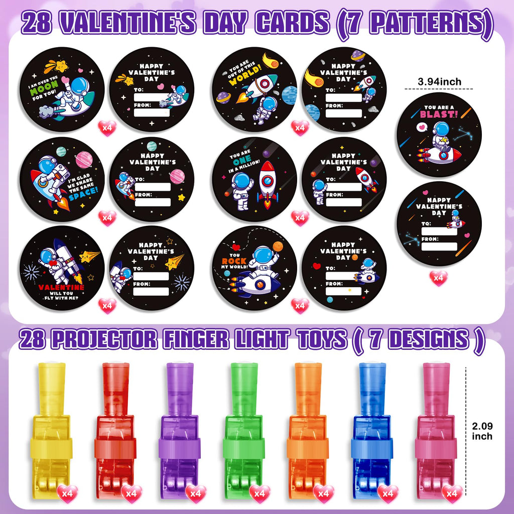SpringFlower Valentines Day Gifts for Kids, 28 Pack Valentines Day Cards for Kids School with LED Finger Lights Toys, Valentines Day Gards for Classroom Exchange, Party Favors Prizes for Kids