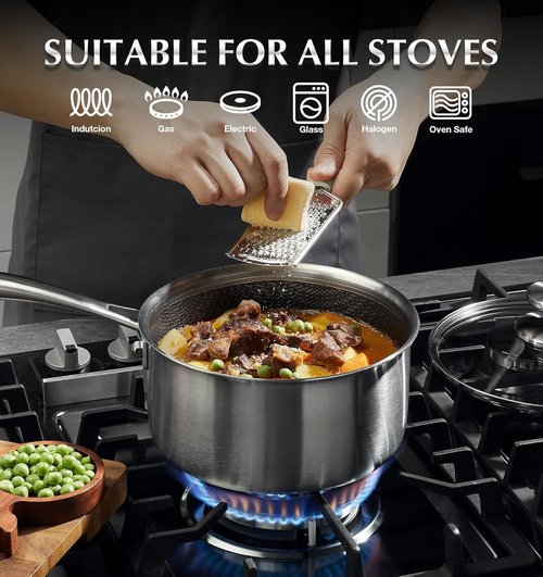 KOCH SYSTEME CS Hybrid Nonstick Stainless Steel Saucepan Set - 6-Piece Triply Design, Induction Ready, 1QT, 2QT & 3QT Pots