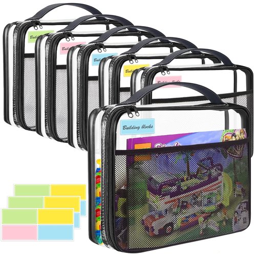 6 Pack Storage Bags with Zipper,12.2 * 9.84 * 2.36in Organizer Bags with Mesh Pockets Name Tag,Waterproof Travel Bags for Board Games,Building Blocks,Puzzles