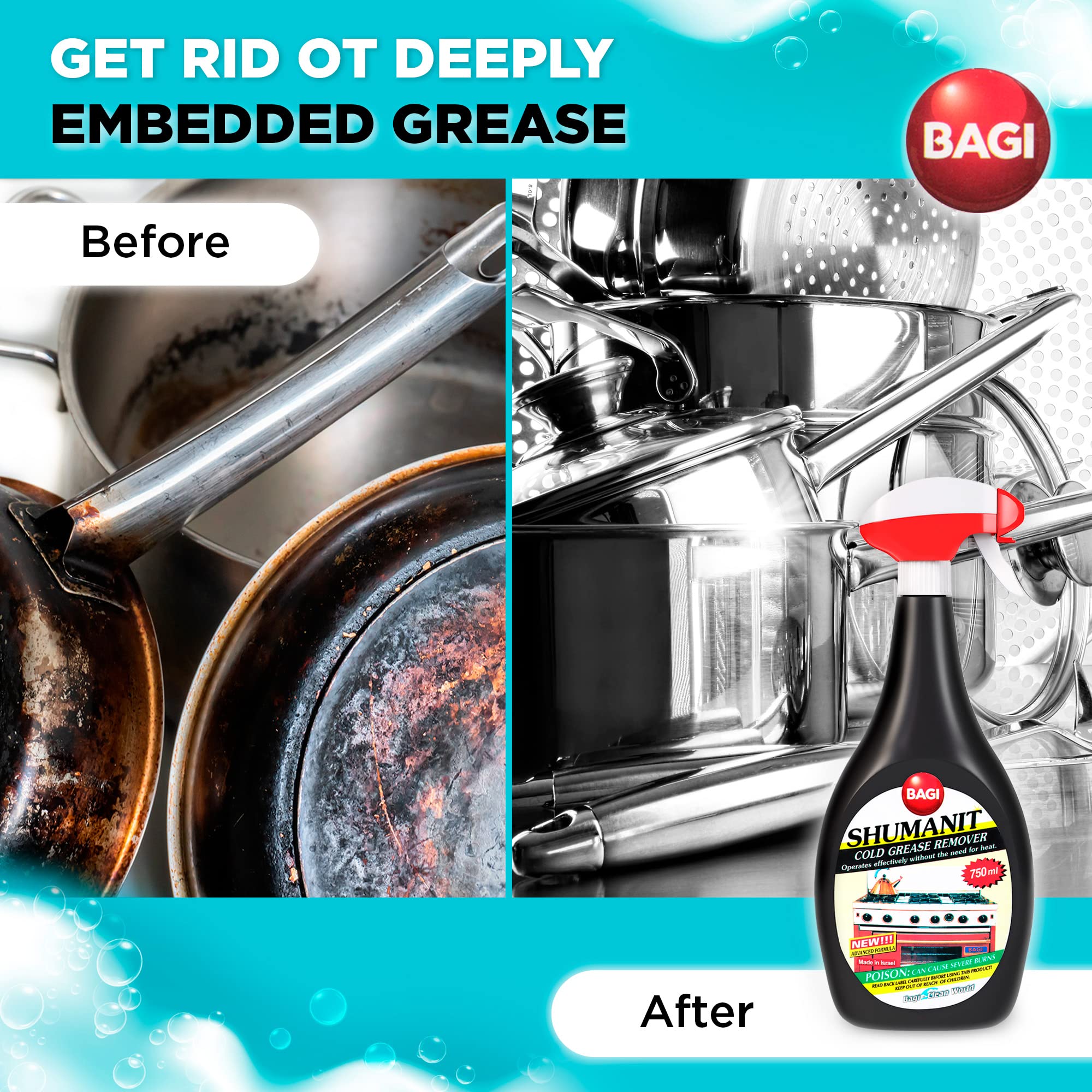 BAGI SHUMANIT - Cold Grease Remover. Spray for The immediate Removal of Stubborn and Burnt fats/Grease