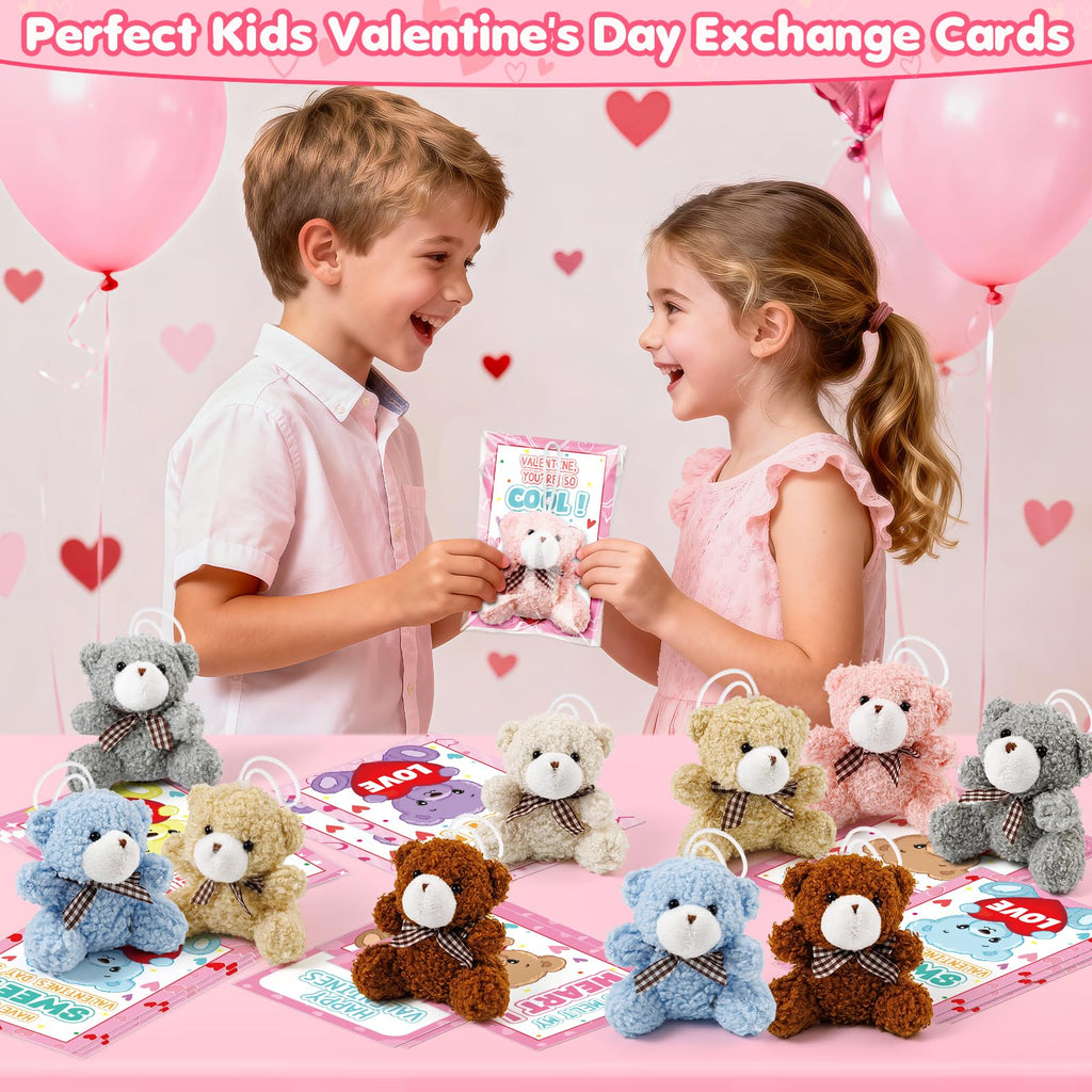 Jumlys Valentines Day Gifts for Kids, 24 Packs Valentines Day Cards with Stuffed Bear Toys, Valentine Day Party Favors for Boys Girls, Ideal Exchange Cards for Classroom
