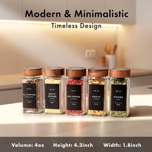 EDELHAUS® Square Spice Jars - Acacia Wooden Lids, Shaker Inserts & 240 Labels | 24-Pack Glass Containers (4.3 in × 1.8 in)