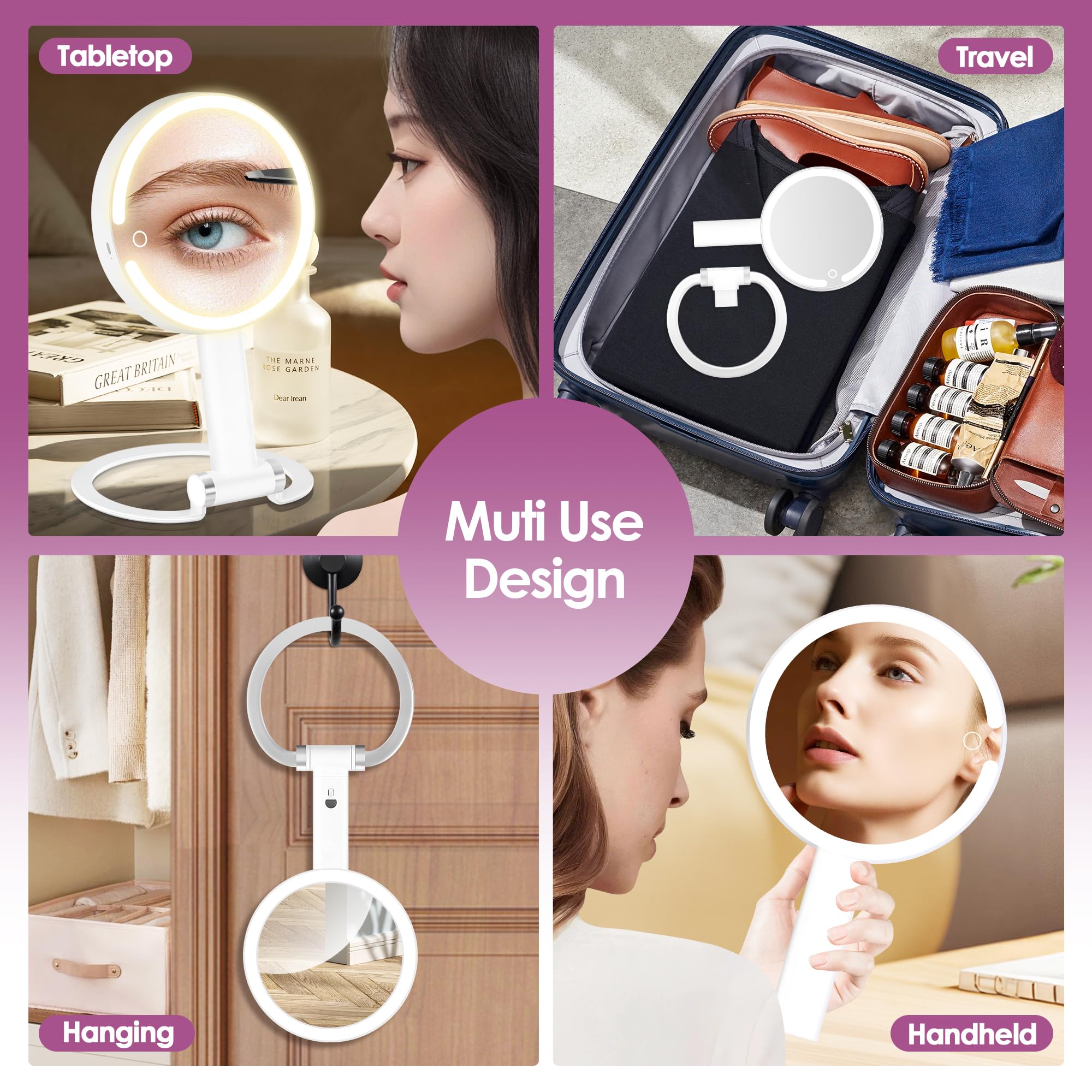 PEDOMIROR 20x Magnifying Mirror with Light, Travel Mirror with Light, Lighted Makeup Mirrors with Magnification, Hand Held Mirrors with Handle, Portable Tabletop, Suitable for Bathroom
