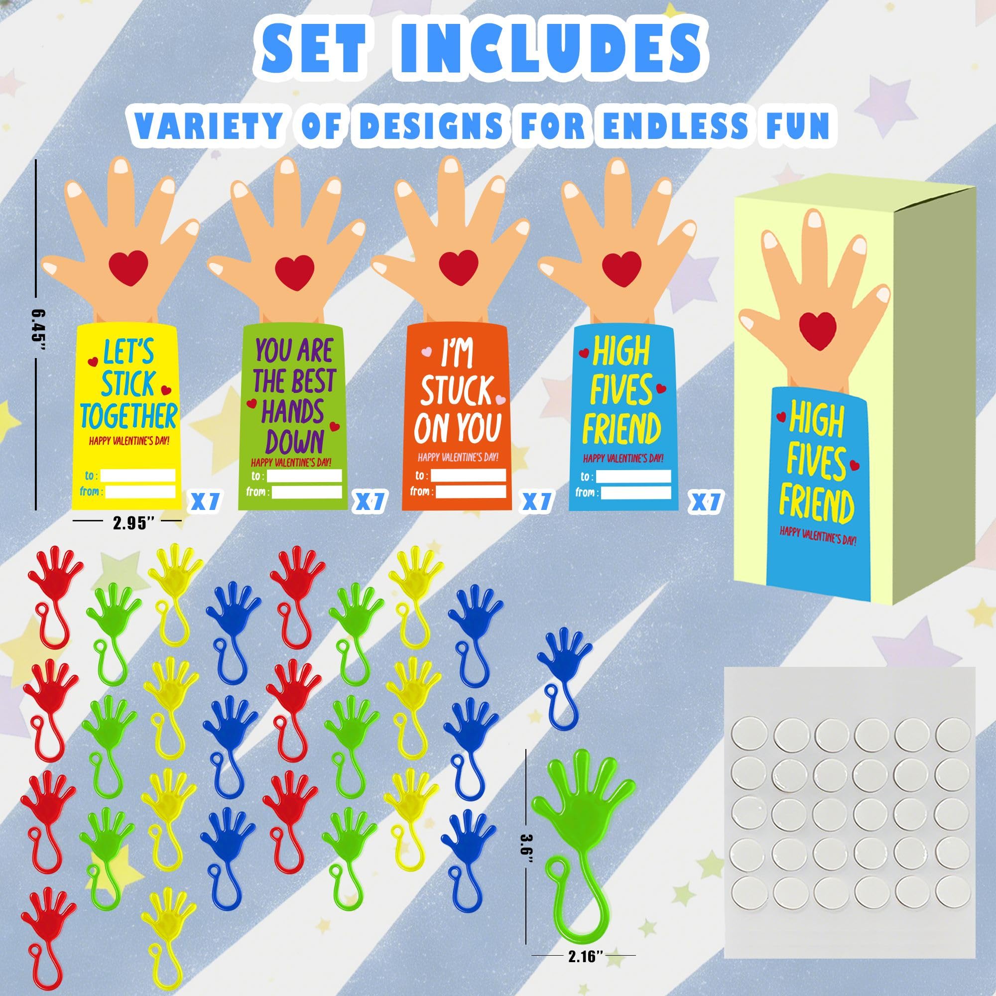Valentines Cards for Kids Classroom - 28 PACK Sticky Hands with Kids Valentines Cards, Funny Valentine Classroom Gifts for Girls Boys, Valentines Party Favors & Goodie Bag Stuffers for Class Preschool