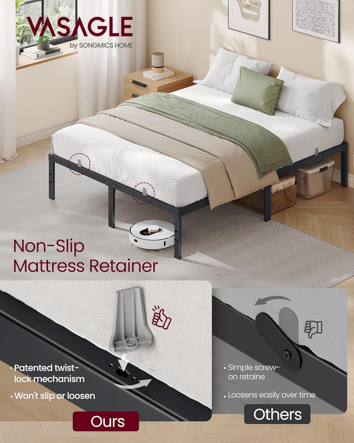 VASAGLE Full Metal Bed Frame - 14-Inch Tall, Heavy-Duty Design with Under-Bed Storage | No Box Spring Needed, Matte Black
