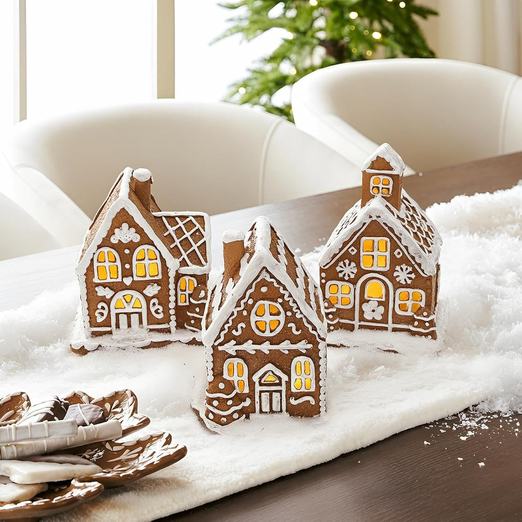Skiennix Light-Up Gingerbread House Christmas Decorations - 3Pcs Collectible Figurines with LED Lights | Classic Swedish Xmas Table Décor