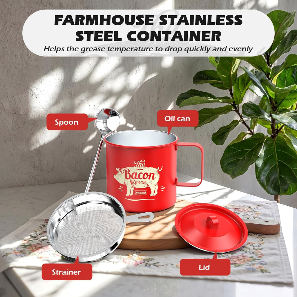 PGYARD Mini Bacon Grease Saver - 20 Oz Stainless Steel Oil Container | Dishwasher Safe Red Bacon Keeper