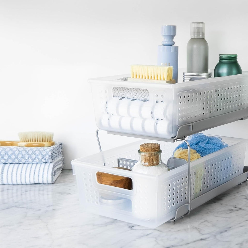 Madesmart 2-Tier Bath Organizer - Adjustable Undersink Storage with Sliding Drawers & Baskets | Frost Finish