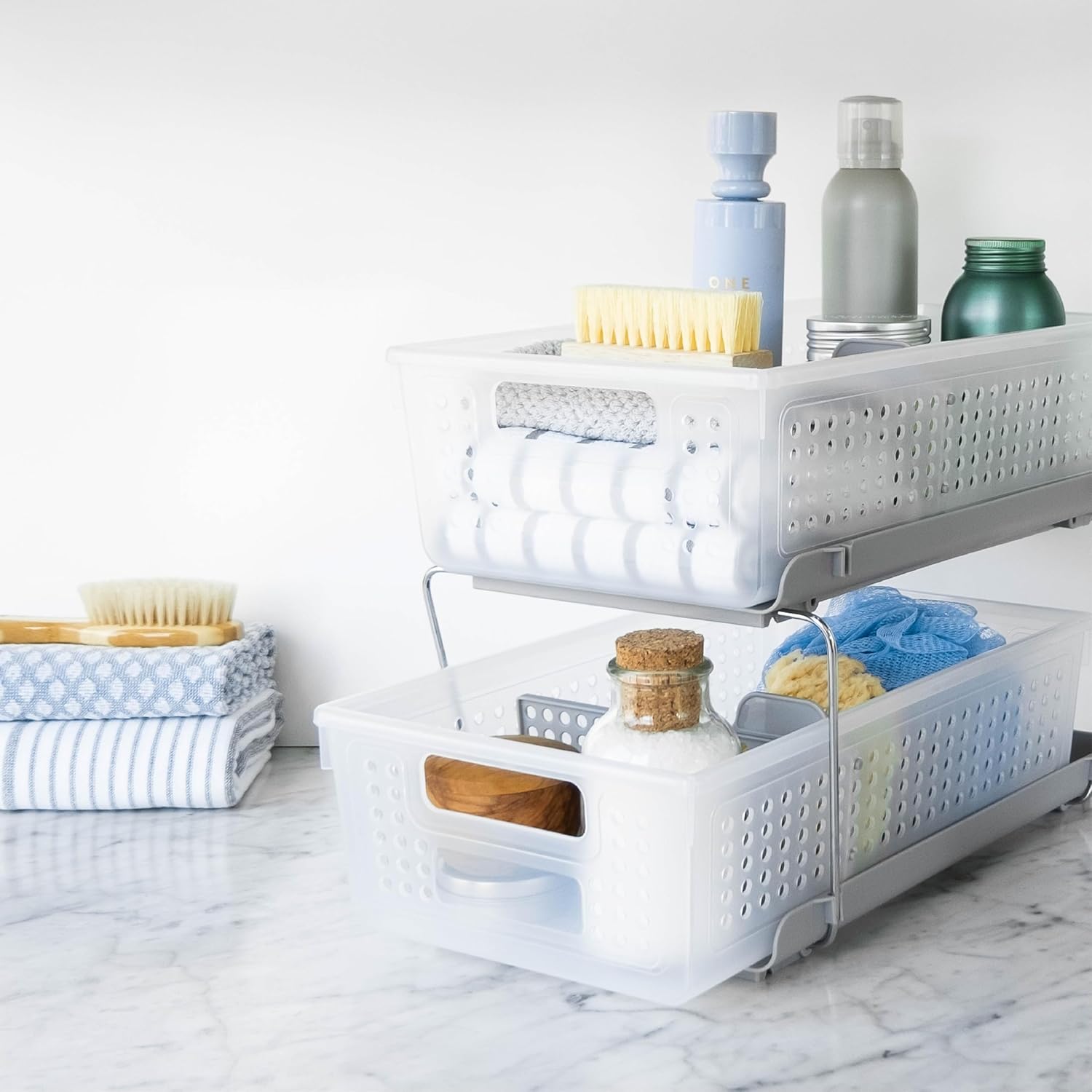 Madesmart 2-Tier Bath Organizer - Adjustable Undersink Storage with Sliding Drawers & Baskets | Frost Finish