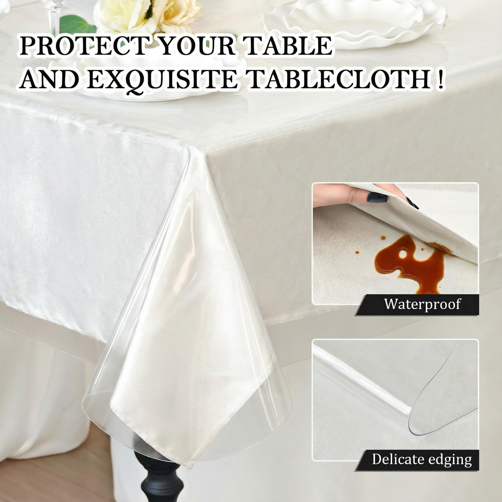 Nuciae Clear Plastic Tablecloth Protector 100% Waterproof Vinyl Table Cover Rectangle Table Cloth Protector Crystal Clear Plastic Tablecloth Cover for Dining Tables Parties Camping 55" x 70" 4-6