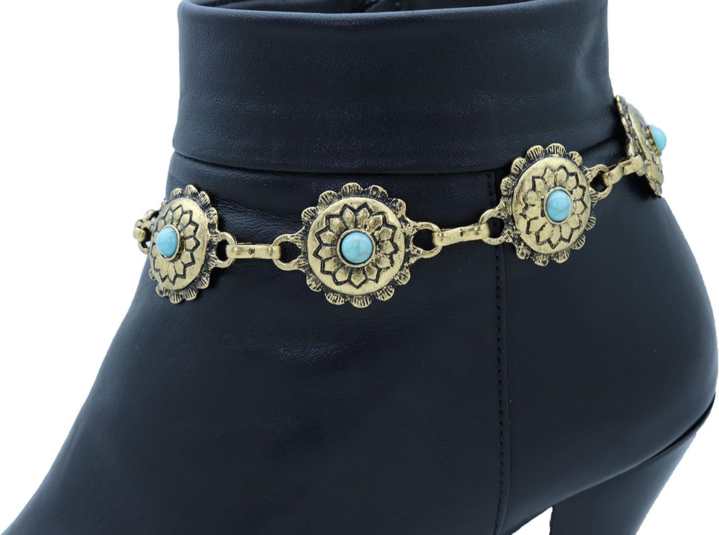 Skiennix Women's Western Antique Metal Boot Chain Anklet - Turquoise Blue Bead Flower Charm