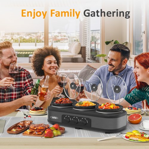 SUNVIVIPRO Triple Slow Cooker, Buffet Food Warmer with 3 * 1.5 Quarts Removable Ceramic Pots, Buffet Servers and Warmers with Glass Lids and 3 Spoons, Stainless Steel,Grey