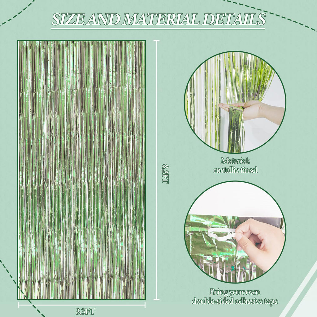 DECOCKRAT 3 Pack Foil Fringe Backdrop - Light Green Shiny Tinsel Curtains for Party Decoration/Photo Booth Props - 3.3x8.2 FT Metallic Foil Backdrop for Birthday, Wedding, Graduation, Christmas