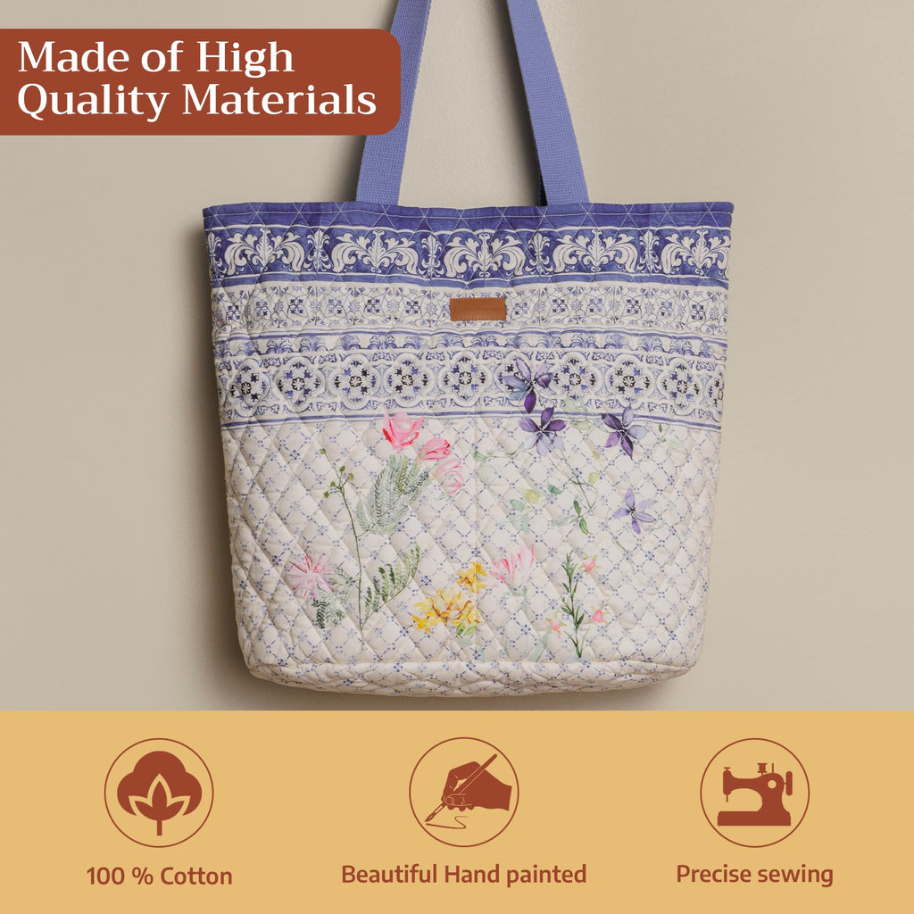 Maison d' Hermine Shopping Bags Cotton Quilted Tote Bag with Zipper Pockets & Small Pouch Reusable Shoulder Grocery Bag for Gifts Beach Travel Perfect for Mothers Day Gifts Men Women (Faience)