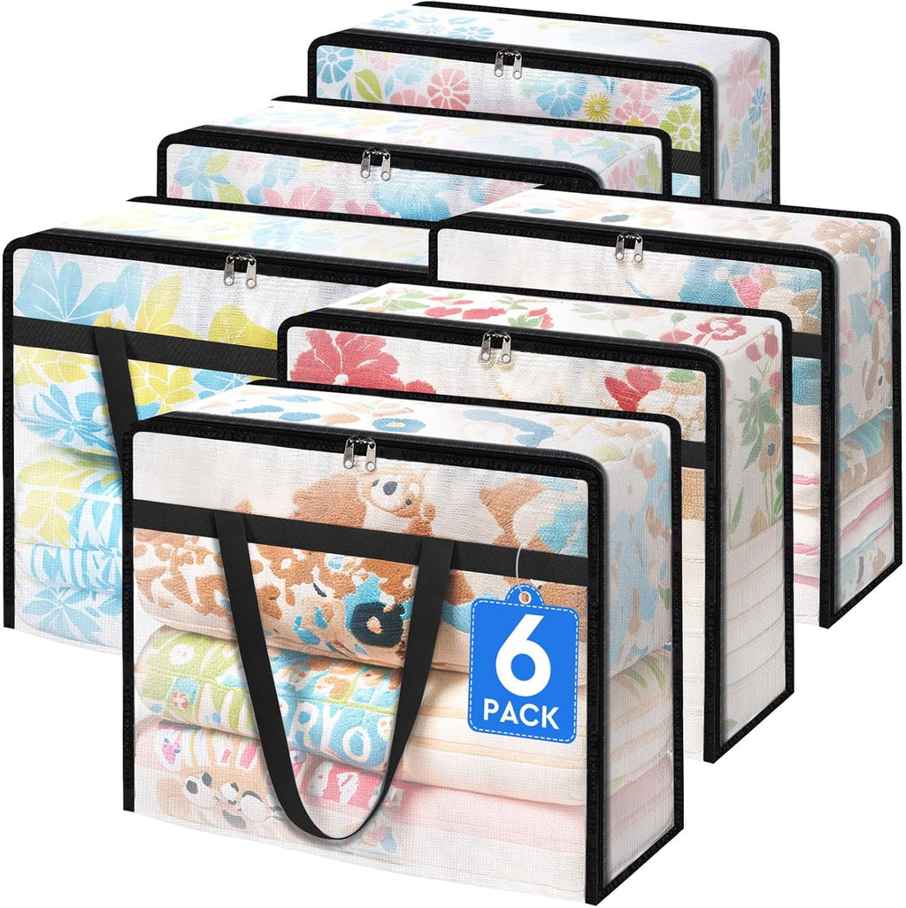 TasticTotes Clear Storage Bags - 6 Pack for Comforters, Clothes & Bedding - Zippered, 40L Capacity