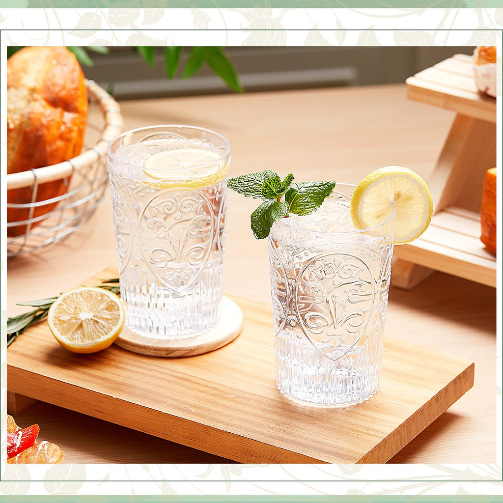 Acellegic Plastic Vintage Drinking Glasses - 16 oz Stemless Ribbed Highball Glasses Bulk Embossed Reusable Cups for Water Beer Cocktails Juice Wedding Bridal Shower Birthday Event Party(Clear,24 Pcs)
