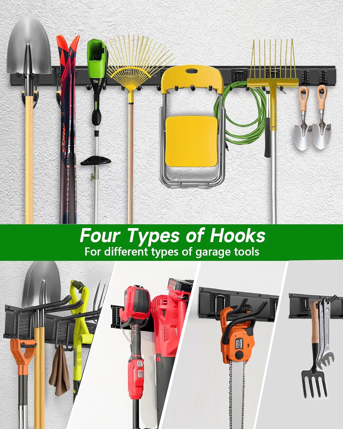 PIYILO Garage Tool Organizer - Heavy Duty Wall Mount Rack with 10 Hooks for Lawn Tools | 64 Inches