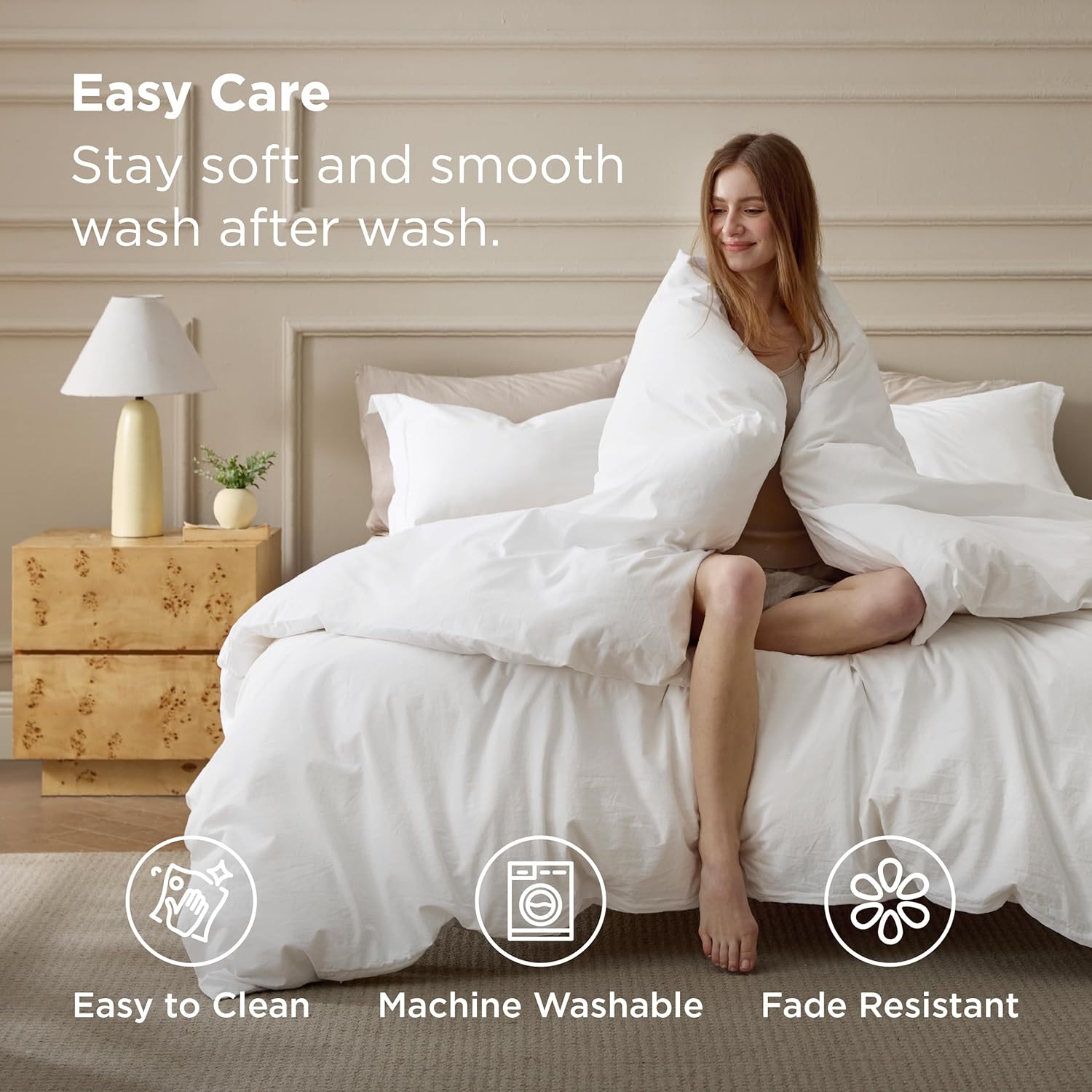 Bedsure 100% Washed Cotton Duvet Cover - King Size Natural White Minimalist Bedding Set | Soft & Comfortable All-Season Comforter Cover (104"x90")
