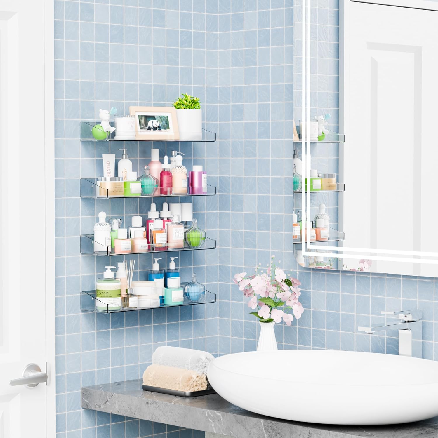 Yieach 4-Pack Adhesive Clear Shower Shelves - No Drill Acrylic Wall Caddy for Makeup & Shampoo Storage