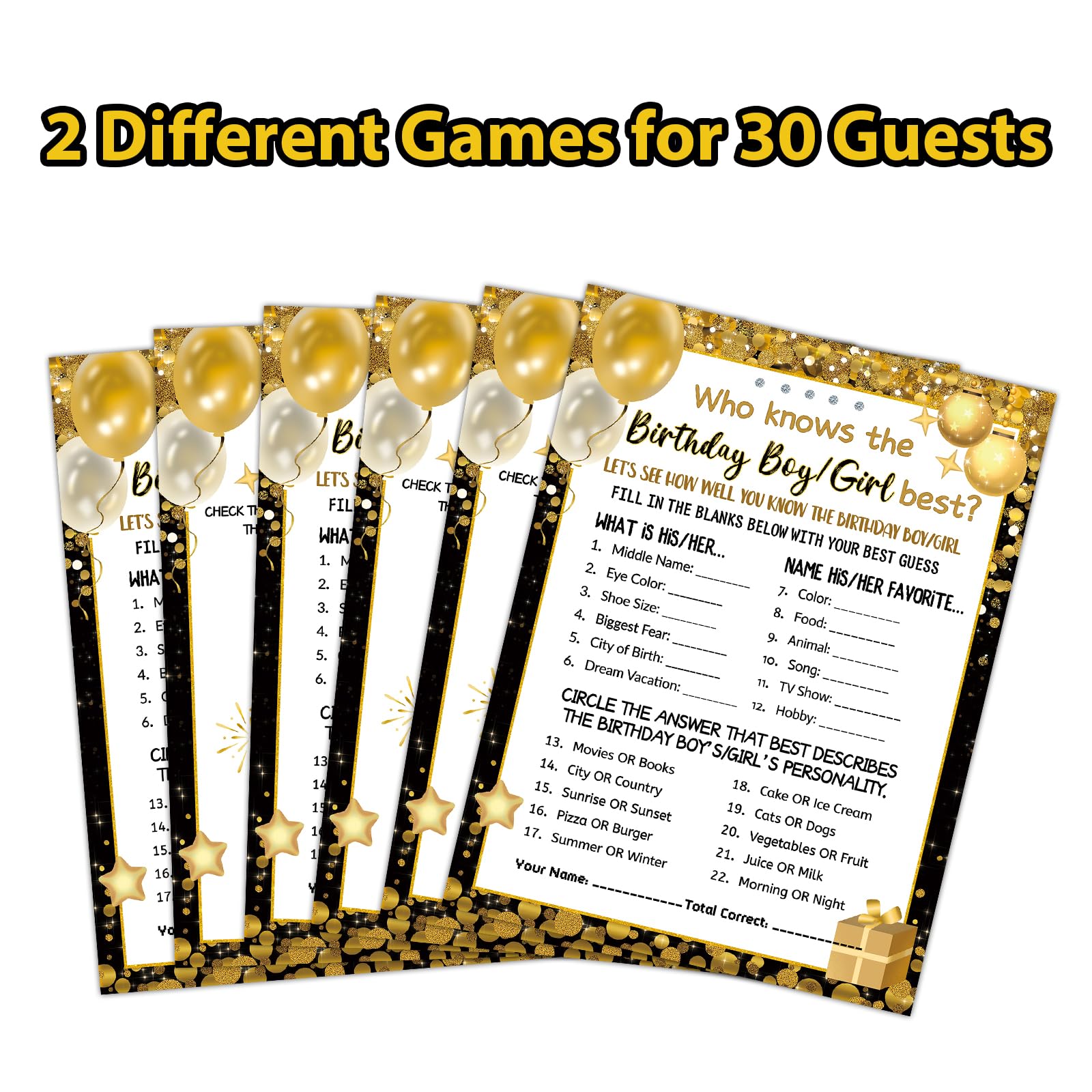 HOMANGA Who Knows The Birthday Boy Girl Best, Birthday Game Cards for Party Activities, Birthday Game Cards for Teens Kids Girls Boys Sleepover Party - Set of 30 (Black Gold, Double-Sided)