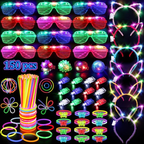 Glow in the Dark Party Supplies - 150PCS Set with Glasses, Headbands & Glow Sticks | Neon Fun for Kids & Adults