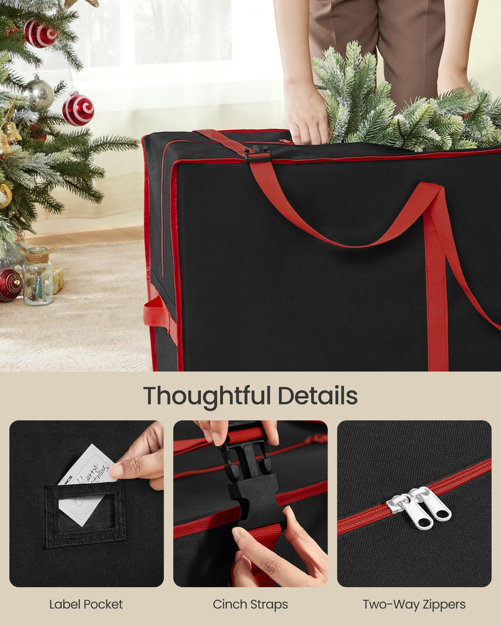 SONGMICS Christmas Tree Storage Bag with 1.6-Inch Wheels, Rolling Storage Bag, up to 9 ft, For Disassembled Holiday Tree, Length-Adjustable Handles, 600D Oxford Fabric, Ink Black URXS004B01