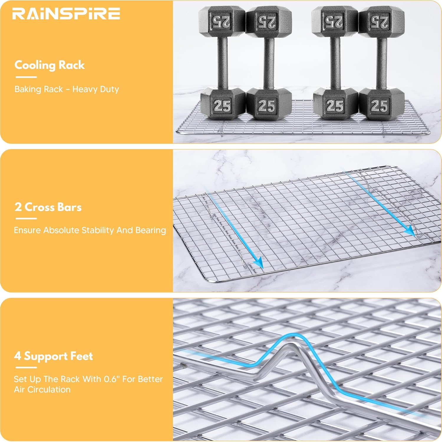 Rainspire Cooling Rack - Heavy Duty Stainless Steel Baking Rack | Oven Safe, Fits Quarter Sheet Pan (8.5" x 12")