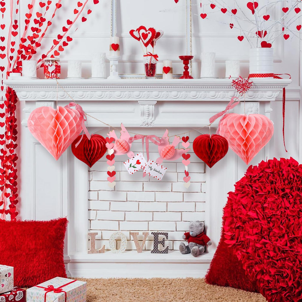 Harloon Valentines Day Garland Pink Heart Honeycomb Ball 3D Lovebird Garland Decor with Red Check Bow Romantic Pom Poms Hanging Banner for Galentines Party Wedding Engagement Birthday Home Wall Decor