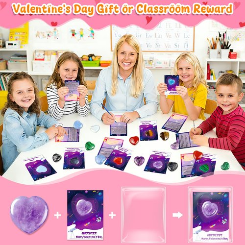 iMopo 28 Pcs Valentines Day Gifts for Kids Classroom - Heart Gemstones with Valentines Cards Goodie Bags, Crystal Rocks Bulk Exchange Party Favors for Girls Boys, School Teacher Prizes