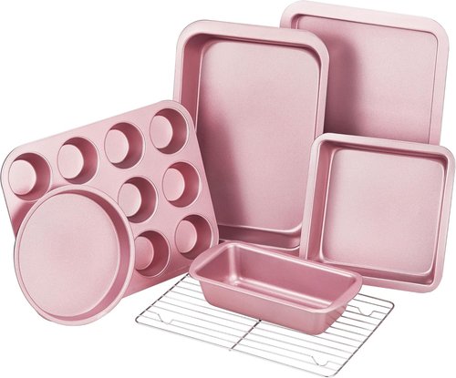 KITESSENSU Nonstick Baking Pans Set - 7-Piece Bakeware with Round, Square, Loaf, Muffin, Cookie & Roast Pans | Pink
